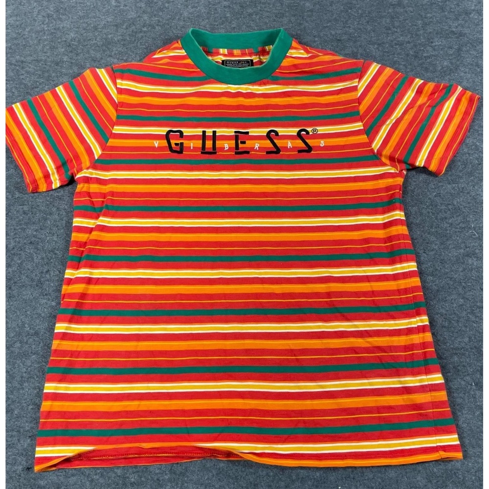 VTG Guess T Shirt Mens Small Orange Striped Embroidered Baggy Skate‎ Y2K Hip Hop